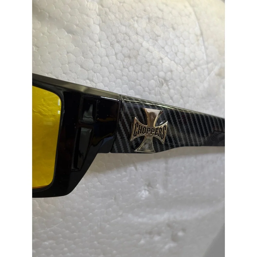 Choppers Sunglasses Mens OS Gloss Black Yellow Lens Biker Wrap UV400 8CP6778